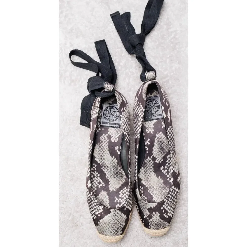 Tory Burch Heather Black Snakeprint Ankle Wrap Satin Wedges Espadrilles Womens 7